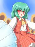  1girl ascot blush flower green_hair kazami_yuuka open_mouth plaid plaid_skirt plaid_vest red_eyes ry short_hair skirt skirt_set smile solo sunflower touhou umbrella 