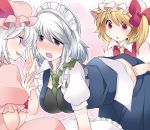  3girls bent_over blonde_hair blue_eyes blush commentary_request dress flandre_scarlet hammer_(sunset_beach) izayoi_sakuya maid maid_headdress multiple_girls necktie necktie_between_breasts open_mouth pink_dress puffy_sleeves red_dress red_eyes remilia_scarlet shirt short_sleeves siblings silver_hair sisters skirt skirt_pull skirt_set smile smirk sweatdrop touhou vest wavy_mouth wrist_cuffs 