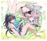  1girl 2girls bikini black_hair blue_eyes dolphin earrings fang ganaha_hibiki hairband idolmaster inflatable_toy jewelry long_hair multiple_girls ponytail rorero shijou_takane silver_hair swimsuit violet_eyes 