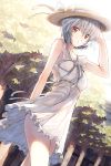  1girl 90i ayanami_rei dress hat looking_at_viewer neon_genesis_evangelion panties red_eyes see-through short_hair silver_hair solo sun_hat sundress tree underwear 