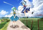  2girls ascot blue_eyes blue_hair bow cirno clouds daiyousei dress dress_shirt flying green_eyes green_hair hair_bow hair_ribbon highres ice ice_wings landscape multiple_girls o0baijin0o open_mouth panties ribbon shirt shoes short_hair short_sleeves side_ponytail sky smile socks touhou underwear white_panties wings 