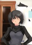  1girl amagami black_cat black_hair blush camisole camisole_over_clothes cat closed_eyes hands_on_hips murasaki_iro nanasaki_ai puu_(amagami) short_hair turtleneck 