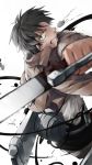  1boy action black_hair blurry depth_of_field eren_jaeger green_eyes higeyarou8 jacket shingeki_no_kyojin solo sword three-dimensional_maneuver_gear weapon 