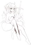  1girl ahoge breasts corset drawfag flower hand_in_hair heart_pillow highres lily_(flower) lineart monochrome pillow ponytail saber saber_lily smile solo sword tagme thighhighs toes weapon 
