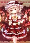  1girl blonde_hair bow dress flandre_scarlet flower frilled_dress frills hat hat_bow head_tilt jaku_sono looking_at_viewer pink_eyes pink_rose puffy_sleeves red_dress rose shirt short_sleeves solo touhou wings wrist_cuffs 
