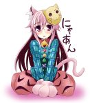  1girl animal_ears bell bell_collar blush bow cat_ears cat_mask cat_tail collar face_mask fang gloves hata_no_kokoro ichimi kemonomimi_mode long_hair long_sleeves looking_at_viewer mask open_mouth paw_gloves pink_eyes pink_hair shirt sitting skirt solo tail touhou very_long_hair wide_sleeves 