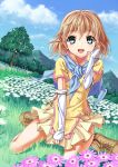  1girl blue_eyes boots brown_hair cape flower happy nature short_hair sitting skirt sky solo tree 