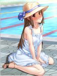  1girl absurdres blush brown_eyes brown_hair dress hat highres legs long_hair pool poolside ribbon sandals sitting solo yawakon 
