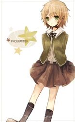  1boy arms_behind_back brown_hair character_name crossdressinging dangan_ronpa fujisaki_chihiro green_eyes highres school_uniform shiro_kunugi short_hair skirt solo trap 