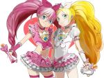  2girls blonde_hair blue_eyes bow brooch choker cure_melody cure_rhythm dress frills green_eyes hair_ornament hair_ribbon heart heart_background highres houjou_hibiki jewelry long_hair magical_girl midriff minamino_kanade multiple_girls pink_hair pink_legwear precure ribbon selicomb skirt smile standing suite_precure thigh-highs twintails white_background 