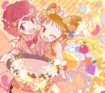  aikatsu! arisugawa_otome blush brown_eyes brown_hair double_bun dress earrings hair_ornament hair_ribbon hairpin ichinose_kaede jewelry matutaro29 open_mouth red_eyes redhead ribbon short_hair smile wink wrist_cuffs 