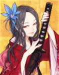  1girl bangs black_hair flower hair_flower hair_ornament japanese_clothes katana kimono long_hair nail_polish original parted_bangs red_eyes shiohara_shin&#039;ichi solo sword weapon 