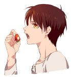  1boy bangoul brown_hair eating eren_jaeger food fruit male open_mouth shingeki_no_kyojin short_hair simple_background solo strawberry white_background yellow_eyes 