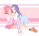  2girls :d aida_mana all_fours blue_eyes blue_hair braid copyright_name dokidoki!_precure face-to-face half_updo hishikawa_rikka holding_hands interlocked_fingers kneeling long_hair looking_at_viewer mei_(maysroom) multiple_girls open_mouth pink_eyes pink_hair precure short_hair sitting smile thighhighs 