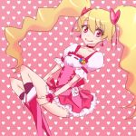  1girl akubi2256 blonde_hair boots choker corset cure_peach earrings floating fresh_precure! frilled_skirt frills hair_ornament hairpin hand_on_thigh heart heart_background jewelry long_hair looking_at_viewer magical_girl momozono_love pink_background pink_eyes precure skirt smile solo thigh-highs thigh_boots twintails very_long_hair wrist_cuffs 