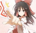  1girl ascot black_hair bow detached_sleeves dress grey_eyes hair_bow hair_tubes hakurei_reimu hand_on_hip long_hair long_sleeves looking_at_viewer outstretched_arm outstretched_hand red_dress smile solo spell_card touhou wide_sleeves yutamaro 