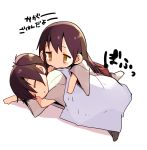  2girls akagi_(kantai_collection) blanket blush brown_eyes brown_hair chibi hakama japanese_clothes kaga_(kantai_collection) kantai_collection long_hair lying lying_on_person multiple_girls personification pillow seed_teitoku sleeping 