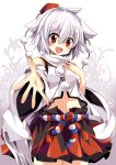  1girl animal_ears detached_sleeves hat hat_ribbon highres inubashiri_momiji long_sleeves looking_at_viewer matsuri_uta midriff navel open_mouth orange_eyes outstretched_arm outstretched_hand ribbon shirt short_hair silver_hair skirt smile solo tail tokin_hat touhou wide_sleeves wolf_ears wolf_tail 