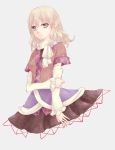  1girl arm_warmers blonde_hair blue_background frown grey_eyes holding_arm layered_dress looking_at_viewer mizuhashi_parsee no_legs pointy_ears scarf shigeru_no_tomo short_hair short_sleeves solo touhou vest 