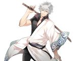  1boy bokken gintama grey_hair japanese_clothes red_eyes sakata_gintoki silver_hair solo sword weapon wooden_sword zaqloxxx 