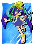  1girl anklet armlet barefoot blue_hair bracelet green_eyes jewelry lakshmi_(p&amp;d) long_hair lowres open_mouth parody puyopuyo puyopuyo_fever puzzle_&amp;_dragons solo style_parody torofuwa_kuzu twintails 