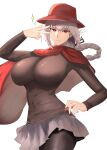  1girl absurdres aya_roushi bangs breasts brown_legwear brown_shirt commission fate/grand_order fate_(series) florence_nightingale_(fate) grey_skirt hat heroic_spirit_traveling_outfit highres large_breasts long_hair long_sleeves looking_at_viewer pantyhose pink_hair red_eyes red_headwear red_scarf scarf shirt skeb_commission skirt solo sparkle w 