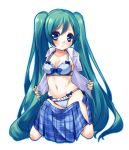  1girl blue_bra blue_eyes blue_panties bra green_hair hatsune_miku hikataso long_hair looking_at_viewer navel open_clothes open_shirt panties simple_background skirt solo twintails underwear very_long_hair vocaloid white_background 