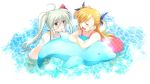  2girls ahoge alternate_eye_color bikini blonde_hair blue_bikini blue_eyes blush einhart_stratos green_hair hair_ribbon inflatable_dolphin long_hair lyrical_nanoha mahou_shoujo_lyrical_nanoha_vivid multiple_girls one-piece_swimsuit open_mouth pink_swimsuit ribbon smile standing swimming swimsuit takana twintails two_side_up vivio water 