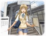  1girl bag blonde_hair blush breasts k-on! kamosikayasyamoji kotobuki_tsumugi long_hair open_mouth school_uniform short_sleeves sky smile solo train_station vest 