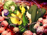  1girl black_legwear blush eyeball floral_print flower gengetsu_chihiro green_eyes green_hair hat hat_removed hat_ribbon headwear_removed heart heart_of_string highres komeiji_koishi long_sleeves lying open_mouth ribbon rose short_hair skirt smile solo thighhighs third_eye touhou wide_sleeves wink 