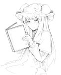  1girl abubu book capelet crescent hat long_hair long_sleeves looking_at_viewer monochrome patchouli_knowledge sitting solo sweatdrop touhou 