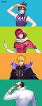  1girl 3boys blonde_hair blue_eyes brown_eyes cape dio_brando feathers grey_eyes hat highres hot_pants_(sbr) jojo_no_kimyou_na_bouken kuujou_joutarou mingou91 multiple_boys narancia_ghirga red_eyes redhead steel_ball_run yellow_eyes 