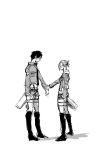  1boy 1girl annie_leonhardt arm_grab eren_jaeger long_sleeves monochrome pocket shingeki_no_kyojin short_hair standing sweatdrop three-dimensional_maneuver_gear tonebird uniform 