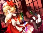  1girl blonde_hair bow commentary finger_to_mouth flandre_scarlet gengetsu_chihiro hat hat_bow highres looking_at_viewer looking_back red_eyes sash scarlet_devil_mansion shirt side_ponytail skirt skirt_set solo stuffed_animal stuffed_toy teddy_bear touhou turning vest window wings 