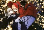  2girls absurdres blonde_hair gothic_lolita headdress highres lolita_fashion long_hair multiple_girls nyantype official_art red_eyes rozen_maiden shinku silver_hair suigintou twintails 