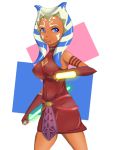  1girl ahsoka_tano alien belt blue_eyes breasts cleavage_cutout clone_wars elbow_gloves energy_sword erect_nipples facial_mark fingerless_gloves forehead_mark gloves large_breasts lightsaber loincloth minidress reverse_grip smile solo star_wars sword weapon 