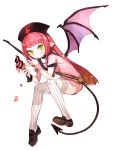  1girl bat_wings demon_tail food green_eyes gwayo hat ice_cream_cone licking_hand loafers looking_at_another monster_girl no_pants nurse_cap pink_hair pink_shirt red_cross sailor_collar sash shoes slit_pupils solo striped striped_legwear tail thighhighs wings wrist_cuffs 