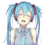  1girl blush closed_eyes facing_viewer hatsune_miku la-na long_hair necktie open_mouth simple_background smile solo vocaloid white_background 