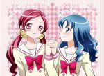  2girls blue_eyes blue_hair blush bust checkered checkered_background couple eye_contact floral_background hanasaki_tsubomi heartcatch_precure! holding_hands interlocked_fingers kagami_chihiro kurumi_erika long_hair looking_at_another multiple_girls pink_eyes pink_hair precure school_uniform smile twintails wavy_hair yuri 