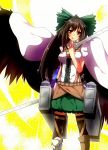  1girl black_hair black_legwear black_wings bow cape hair_bow highres lip_licking long_hair moe_m red_eyes reiuji_utsuho shingeki_no_kyojin skirt solo sword thigh-highs thigh_strap third_eye three-dimensional_maneuver_gear touhou weapon wings 