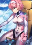  1girl bodysuit breasts clouds cockpit formal gloves hairband mecha nervous original pilot_suit piloting pink pink_hair science_fiction short_hair sitting sky solo space_craft spacecraft_interior starfighter suit sweat uchiu_kazuma 