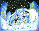 1girl aqua_hair building chibi dated earmuffs fur_trim gloves hatsune_miku jora_(joraemon) lamppost leaf long_hair mittens necktie night night_sky no_nose open_mouth outstretched_arms pleated_skirt scarf signature skirt sky snow snow_bunny snowing snowman solo spread_arms very_long_hair vocaloid 