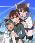  3girls :d animal_ears aqua_eyes brown_eyes brown_hair clouds condensation_trail fang francesca_lucchini gertrud_barkhorn miyafuji_yoshika multiple_girls open_mouth ryoujirou_(ryojiron) sky smile strike_witches striker_unit tail teeth 