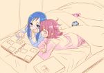  2girls aida_mana album_(object) alternate_hairstyle bed blush chin_rest closed_eyes couple dokidoki!_precure glasses grin hair_down hishikawa_rikka lying monochrome multiple_girls on_stomach ooshima_tomo pajamas precure rakeru_(dokidoki!_precure) sharuru_(dokidoki!_precure) sleeping smile under_blanket yuri 