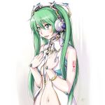  1girl alternate_costume bracelet breasts cable green_eyes green_hair hands_on_own_chest hatsune_miku headgear headphones jewelry light_smile long_hair miku_append navel neck_ring no_bra open_clothes open_shirt same sleeveless sleeveless_shirt solo twintails vocaloid vocaloid_append white_background 