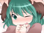  1girl animal_ears blush commentary_request ear_grab face green_eyes green_hair hammer_(sunset_beach) kasodani_kyouko open_mouth short_hair solo_focus tears touhou wince wink 