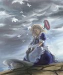  1girl apron bird blonde_hair blue_dress clouds d-nobi dress elbow_gloves faux_traditional_media floating_hair gloves hat hat_removed headwear_removed holding kana_anaberal road_sign short_hair sign sitting sky solo touhou touhou_(pc-98) waist_apron white_gloves 