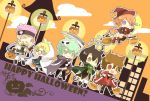  1girl 5boys ace_grit ahoge animal_ears bakugan bakugan_new_vestroia baron_leltoy broom cape chibi halloween hat highres kazami_shun kuusou_danma marukura_marucho mira_fermen multiple_boys omatou pumpkin scythe star tail witch_hat 