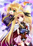  2girls :d :o animal_ears blonde_hair blush breasts cape cleavage creator_connection crossover dog_days fate_testarossa female fingerless_gloves fox_ears fox_tail gauntlets gloves green_eyes huge_breasts kanna_(plum) long_hair lyrical_nanoha mahou_shoujo_lyrical_nanoha mahou_shoujo_lyrical_nanoha_a&#039;s mahou_shoujo_lyrical_nanoha_the_movie_2nd_a&#039;s multiple_girls open_mouth ponytail red_eyes skirt smile tail thigh-highs twintails v yukikaze_panettone 