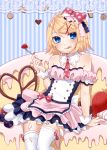  1girl :q arm_support bare_shoulders blonde_hair blue_eyes blush dress food food_on_face fork frills fruit hair_ornament hair_ribbon hairclip kagamine_rin nail_polish necktie ribbon short_hair sitting smile solo strawberry thigh-highs tongue tongue_out vocaloid white_legwear yayoi_(egoistic_realism) 